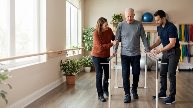 Senior man walking on parallel bars with physical therapist and caregiver. Elderly rehabilitation and mobility recovery concept