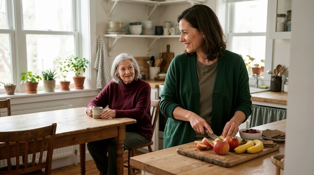 Woman cutting fruit for senior mother in kitchen. Family caregiving and home care concept for elderly parent