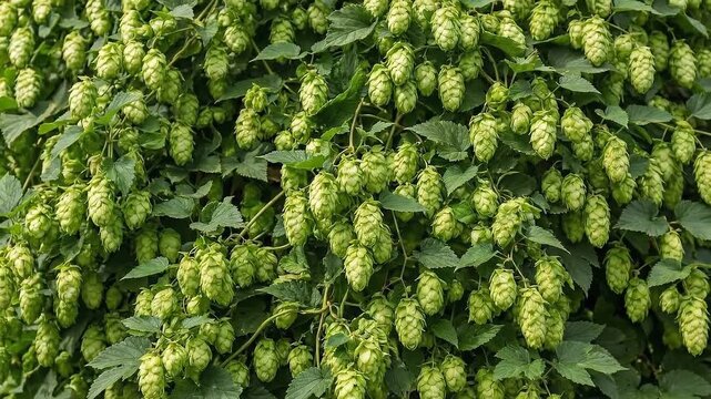 Close up of ripe green hop cones hanging from vines in a field, lush vegetation during harvest season. Agriculture, brewing industry, herbal ingredients.