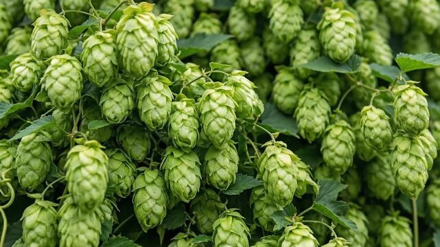Close up of ripe green hops hanging from vines in a field. Agriculture, brewing ingredient, organic farming, herbal nature.