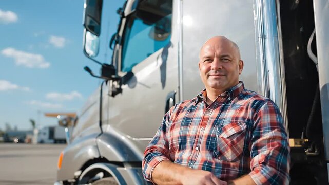 Middle aged male truck driver leaning against a large silver semi truck and smiling, looking at camera. Transportation, logistics, trucking industry.