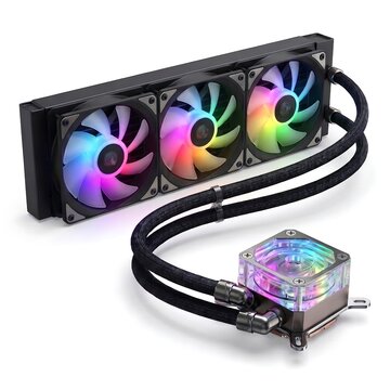 3D studio render of 360mm AIO liquid CPU cooler with transparent acrylic RGB pump block isolated on white background