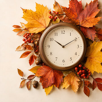 Antique clock surrounded by colorful autumn leaves and berries  