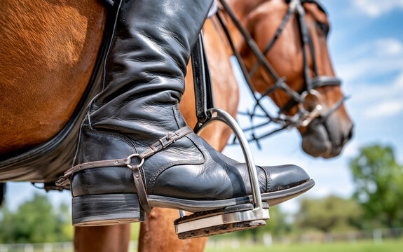 Detail of equestrian rider leg in black leather boot with metal spur and stirrup on horse