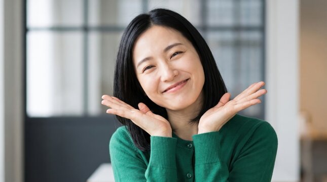 Asian woman framing face with hands and smiling in green sweater indoors by bright window, conveying warmth, happiness, and friendly confidence in modern home