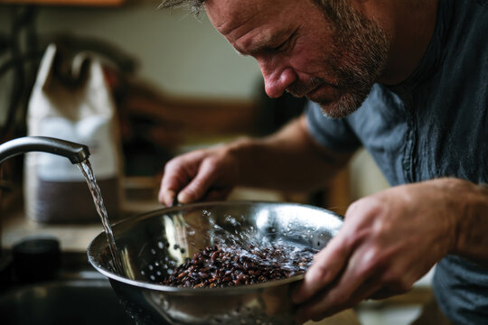 A focused man rinses black beans in a colander under running water, symbolizing dedication to healthy cooking practices and preparation of fresh ingredients in a home kitchen.