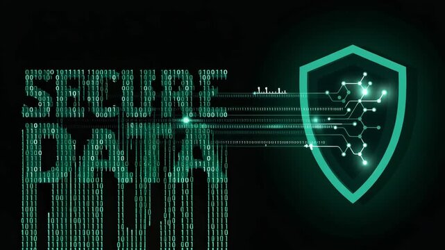 Binary data transfer shield cybersecurity protection animation
