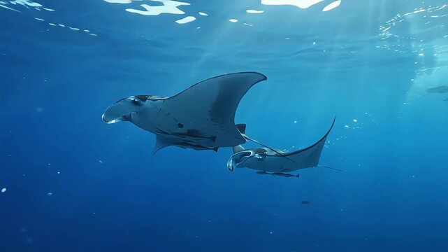 Underwater video clip of manta rays swimming through deep blue ocean with bright sunbeams.