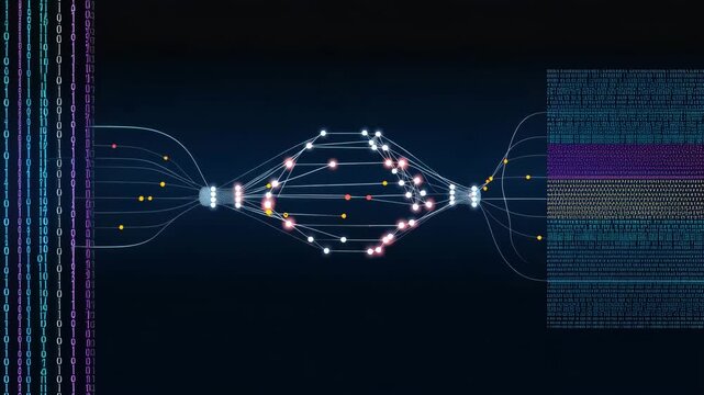 Neural network data transfer animation with binary code background