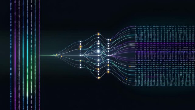Neural data transfer network visualization with glowing nodes and digital streams