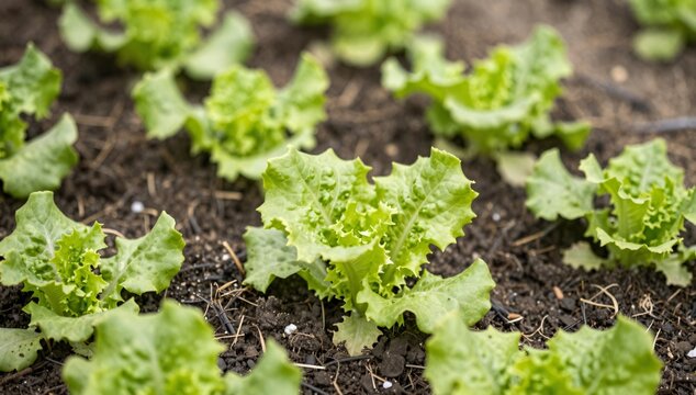 Young green lettuce plants growing in dark fertile soil with water drip lines