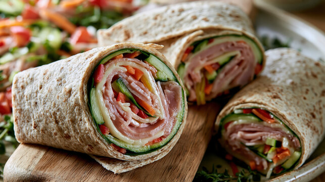 Rolled tortilla wrap, sliced sandwich, turkey, lettuce, tomato and cucumber create fresh lunch on wooden board with salad