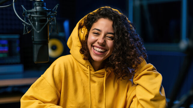 Smiling woman in yellow hoodie recording audio beside studio microphone, joyful content creator with curly hair in professional recording studio