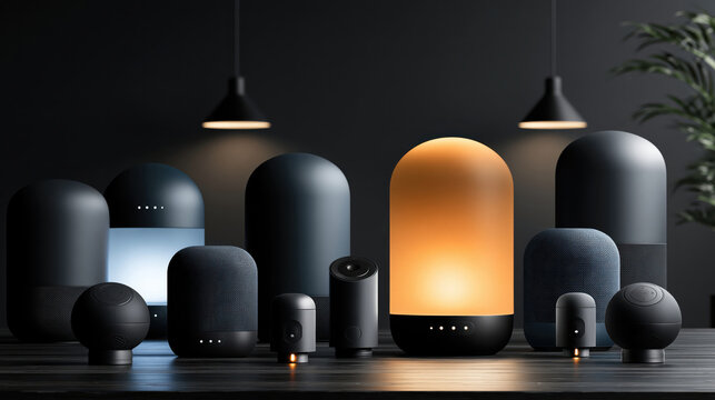 Sleek black smart speaker and glowing amber speaker on dark tabletop, with rounded wireless devices, pendant lights and soft reflections