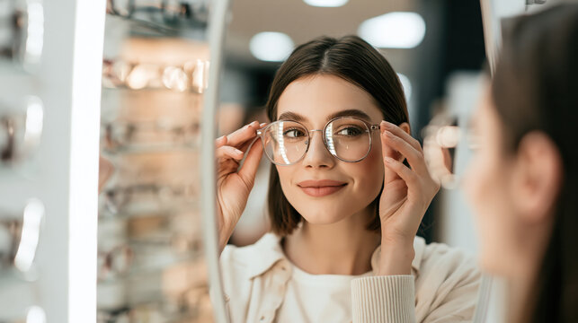 Woman trying on eyeglasses at optical store, adjusting clear frames before mirror with calm smile, surrounded by display shelves and eyewear