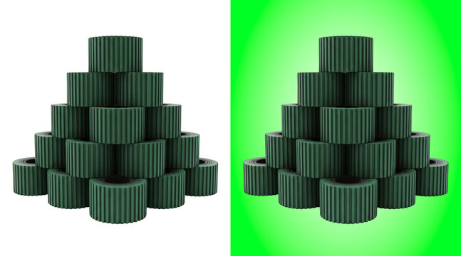 A pyramid stack of dark green cylindrical industrial rollers on a bright green background