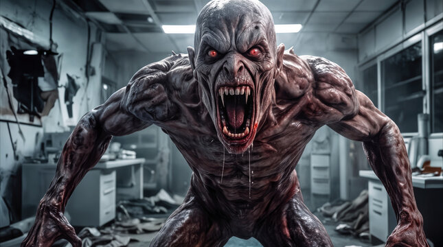 Muscular pale creature roaring with sharp fangs in ruined office. Aggressive mutant beast attacking in abandoned underground research laboratory.