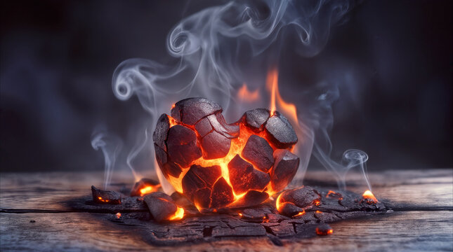 Cracked charcoal heart glowing with orange embers and rising smoke on charred wooden surface. Conceptual representation of heartbreak, burnout, passion, and recovery.