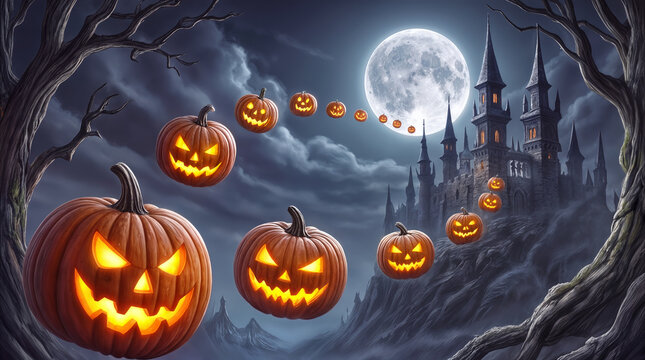 Carved glowing Halloween pumpkins flying toward gothic castle under full moon. Spooky fantasy night illustration for seasonal holiday celebration.