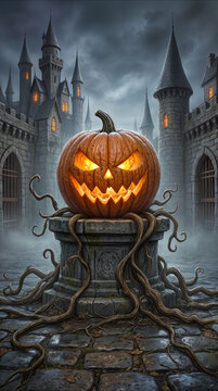 Frowning carved pumpkin on stone pedestal with creeping wooden roots before gothic castle courtyard at twilight.
