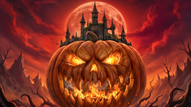 Spooky carved pumpkin with Gothic castle perched on top beneath giant blood moon in dark fantasy Halloween landscape.