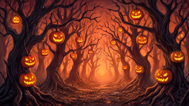 Mysterious forest path flanked by gnarled bare trees bearing glowing carved pumpkins. Autumn fantasy landscape for Halloween seasonal background.