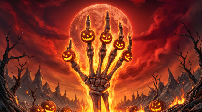 Skeletal hand rising from fire with carved jack-o'-lanterns perched on fingertips under blood moon. Fantasy Halloween horror illustration.