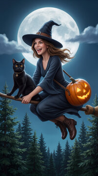 Broomstick flight over pine forest during full moon with black cat and glowing jack-o'-lantern. Digital fantasy illustration of excited witch in pointed hat.