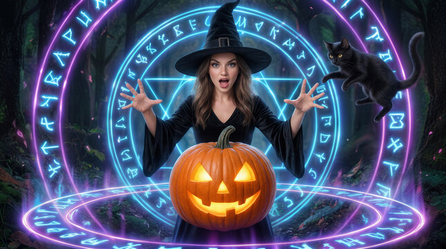 Casting supernatural spells around carved glowing pumpkin and levitating black cat in mystical forest. Fantasy Halloween ritual illustration.