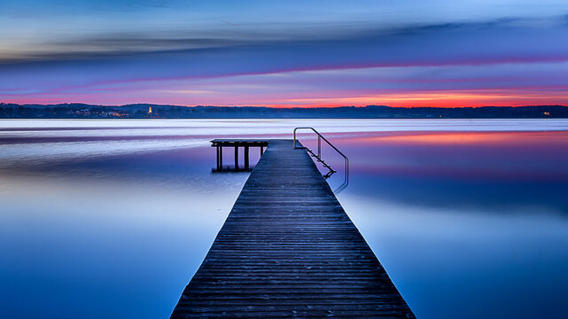 Wooden Jetty on Lake Starnberg at sunset with mountain views
