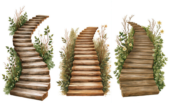 Isolated wooden garden staircase on white background with clipping path, surrounded by green plants and flowers for natural landscape design