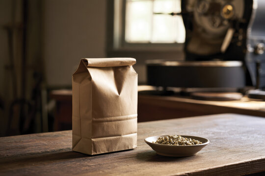 A brown paper bag filled with green coffee beans rests on a rustic wooden table, symbolizing the journey from bean to cup in the world of coffee preparation.