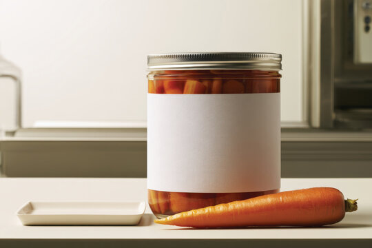 A jar containing vibrant pickled carrots sits next to a fresh carrot and small dish, showcasing the beauty of preserved produce and homemade goodness in culinary art.