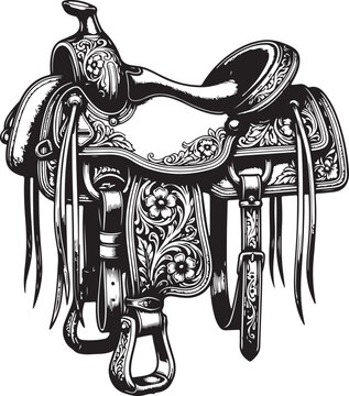 Western saddle vector illustration, engraved leather equestrian riding gear equipment, isolated graphic icon