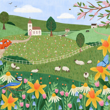 Spring landscape with flowers and birds