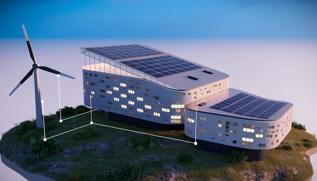 Smart eco-friendly house with solar panels and wind turbine featuring digital network connectivity.
