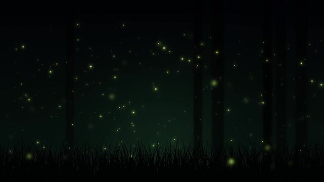 Glowing fireflies flying over grass in dark night forest, seamless loop magical summer scene