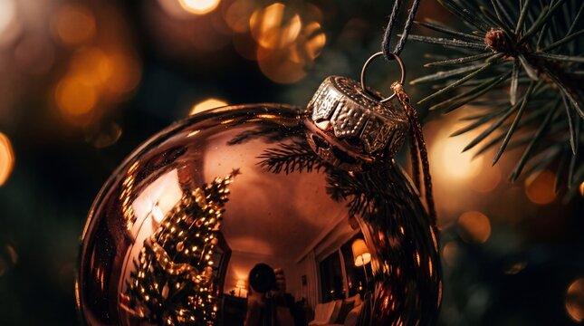 Golden Christmas Bauble Hanging on Tree with Bokeh Lights