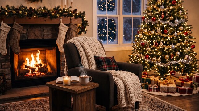 Cozy Christmas Living Room with Fireplace and Decorated Tree