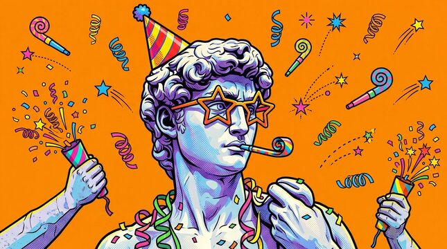 Michelangelo David Statue Celebrating with Party Hat and Confetti