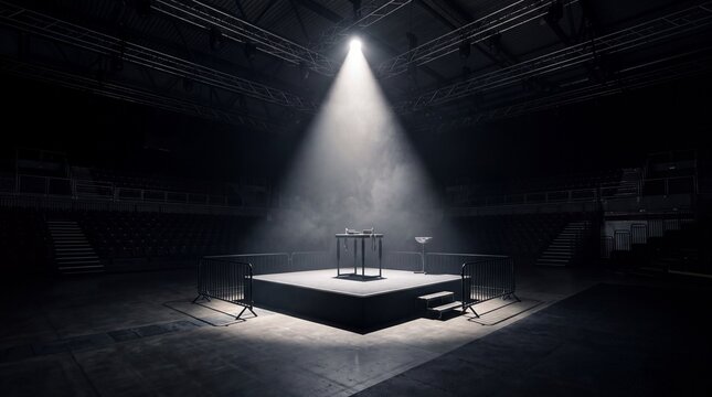 Arm Wrestling Table on Stage Under Spotlight in Empty Arena