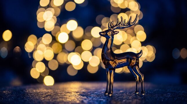 Reindeer Figurine with Glowing Christmas Bokeh Lights Background