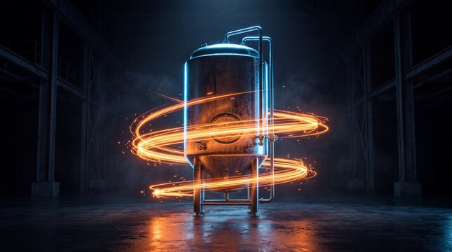 Industrial Stainless Steel Fermentation Tank with Glowing Energy Trails