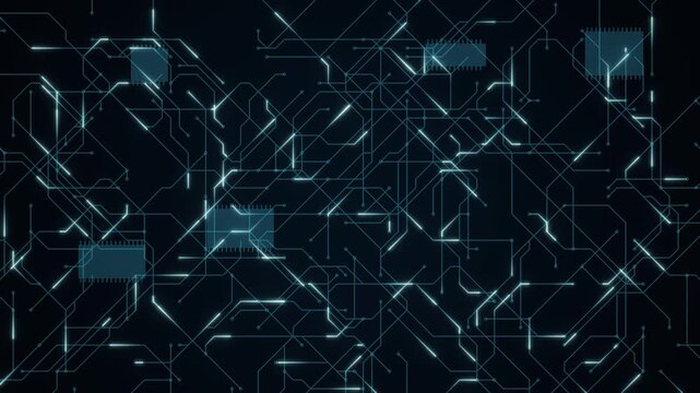 Circuit board with glowing data pulses flowing through traces, seamless loop technology background