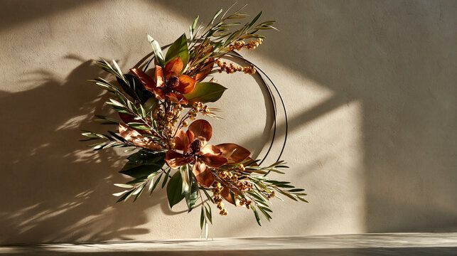 Modern Autumn Floral Wreath on Neutral Textured Wall