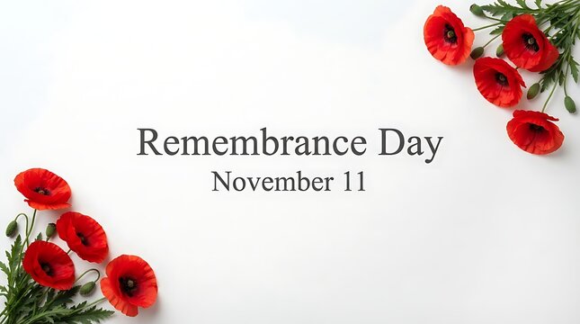 Remembrance day lest we forget banner with red poppy flowers on a white background for memorial day tribute event