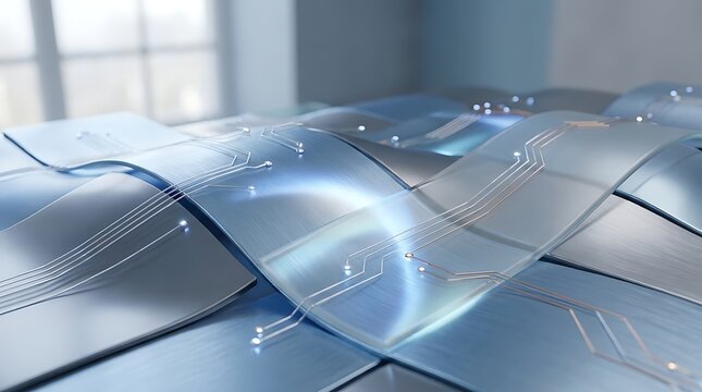 A conceptual 3d render of a flexible glass screen display with glowing light particles flowing over a modern curved surface technology background