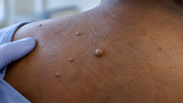 Neurofibroma papules on the upper back, medical illustration