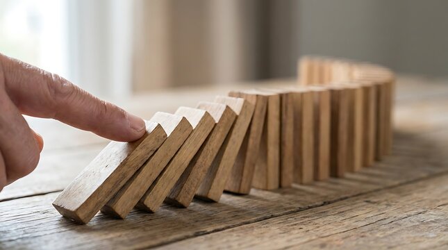 Human hand pushing wooden domino blocks on a rustic wooden table causing a chain reaction fall finger