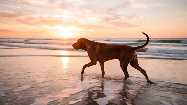 redbone coonhound walking side view on the beach at sunset in outer banks north carolina video